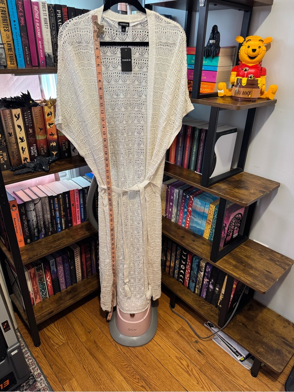torrid cream crochet kimono duster with self-tie
